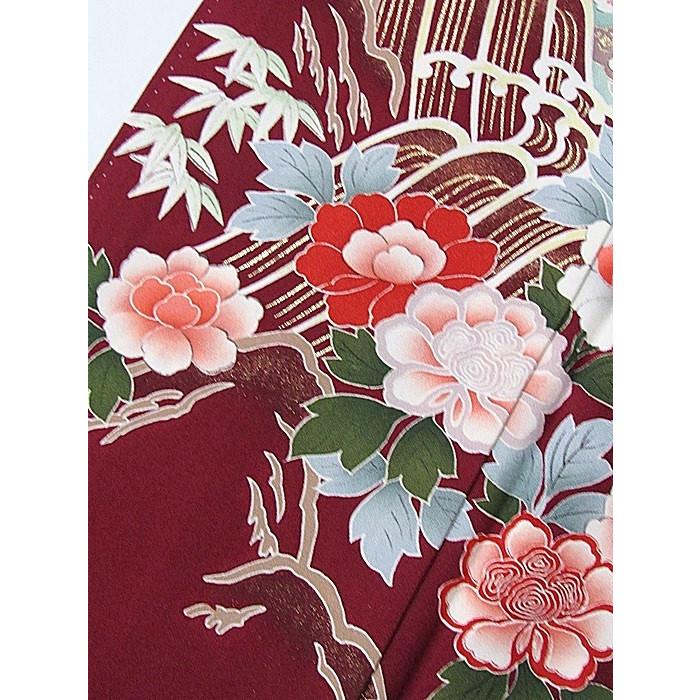 【美品】赤の振袖 蝶と花の刺繍158cm 振袖 正絹 一越 共八掛 幾久重袖 京落慶に御所車 ダークパープル 158cm