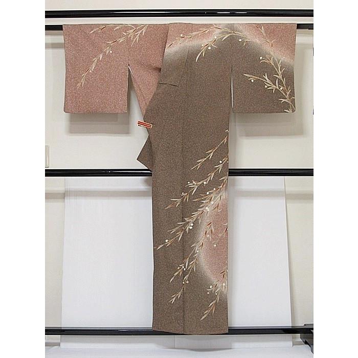 附下げ】袷着物 縮緬／柳に小花／152cm前後ベスト☆ブラウン ライト 