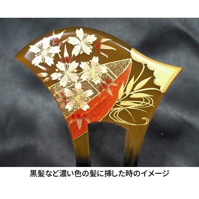 べっ甲風 かんざし バチ型 日本製 髪飾り 二本足＜桜柄と水面に浮かぶ