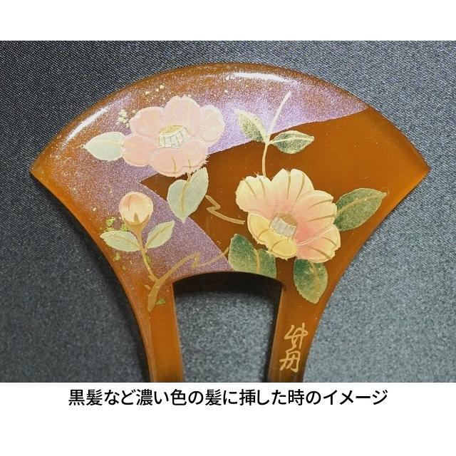 べっ甲風 かんざし 扇型 日本製 髪飾り 二本足＜椿柄（つばき）＞ 留袖