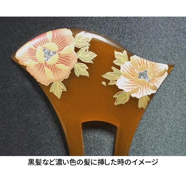 べっ甲風 かんざし バチ型 日本製 髪飾り 二本足＜牡丹柄（ぼたん