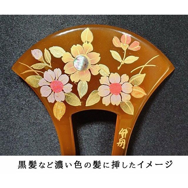 婚礼　簪　鼈甲風 べっ甲風 かんざし 扇型 螺鈿使い 日本製 髪飾り 二本足 花柄 留袖