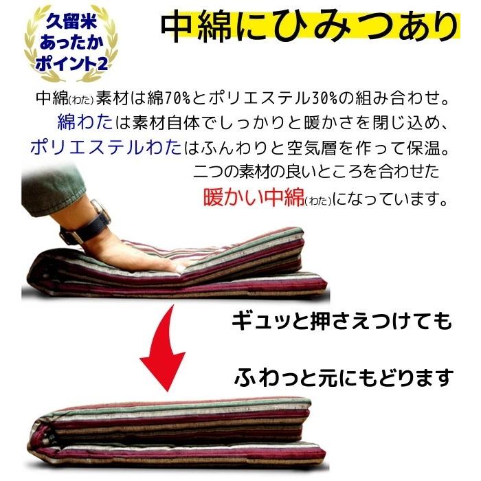 久留米 重松 中綿入り 半天 紬織り 純国産 手づくりはんてん 表裏地とも綿素材 女性用 赤色 紺色系 縞柄 フリーサイズ 中わた入り_3
