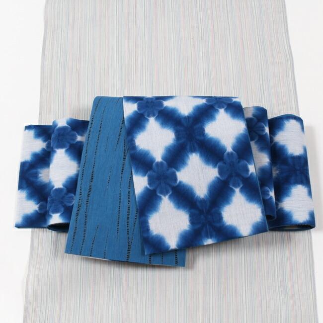 藤井絞 ゆかた帯 半幅帯小 袋帯 半巾帯 絞り染め 雪花絞り 藍×白 両面