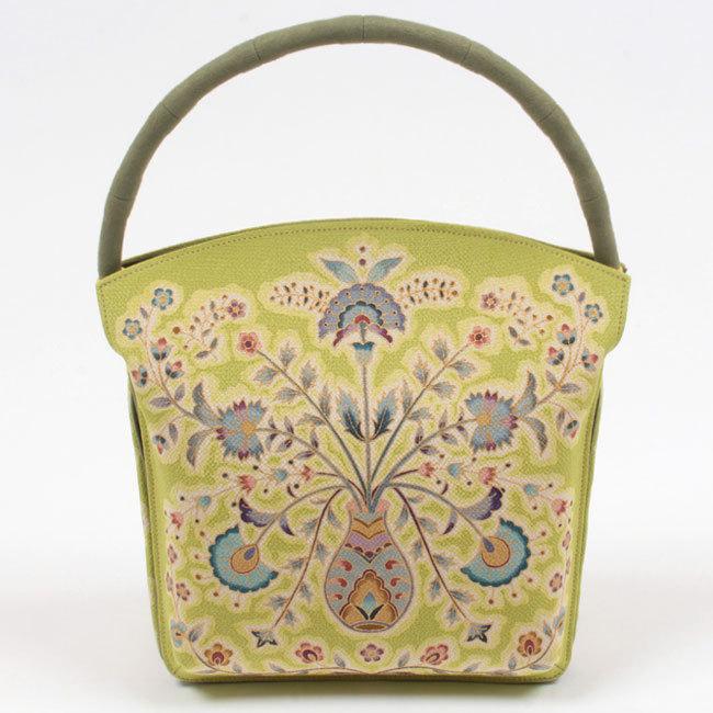 好評受付中 和装バッグ 岡重ちりめんバッグ OKAJIMA 更紗花柄 黄緑