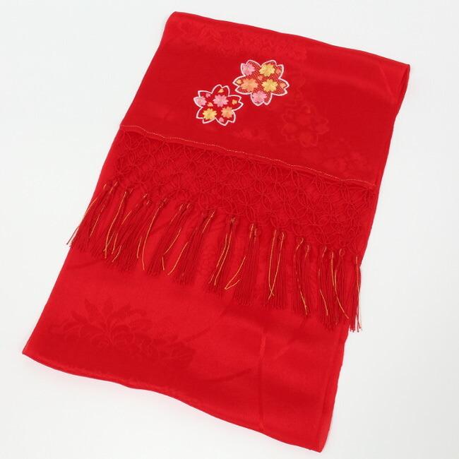 七五三 しごき 7歳 正絹 志古貴 赤色 ピンク 桜 刺繍入り 子供用 7歳