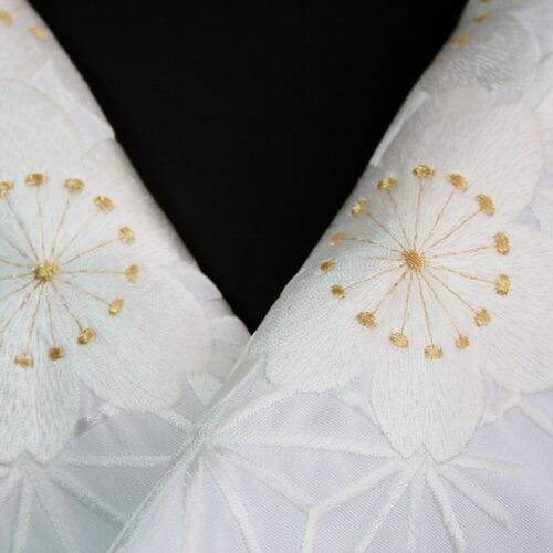 半衿 刺繍 半襟　振袖用　白色　金糸 桜文　麻の葉　ポリエステル 衿秀 洗える　