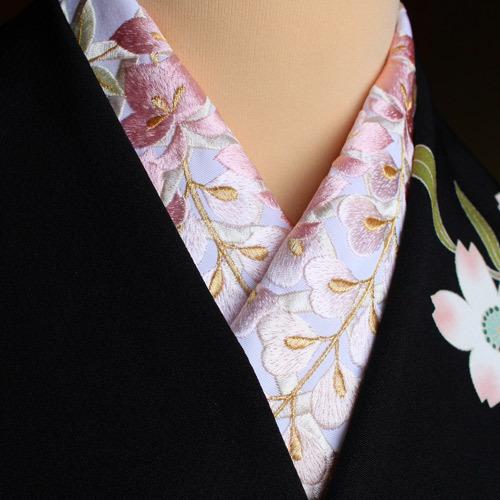 きもの 和 半衿 刺繍 半襟 振袖用 白地 藤の花文 ピンク刺繍 成人式 