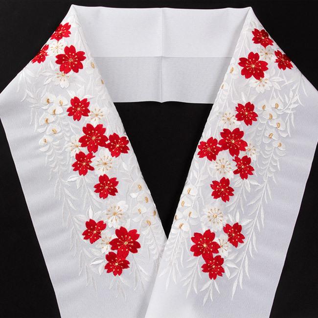 きもの 和 半衿 刺繍 振袖用 白地 白 赤・金 桜藤文 成人式 卒業式 半