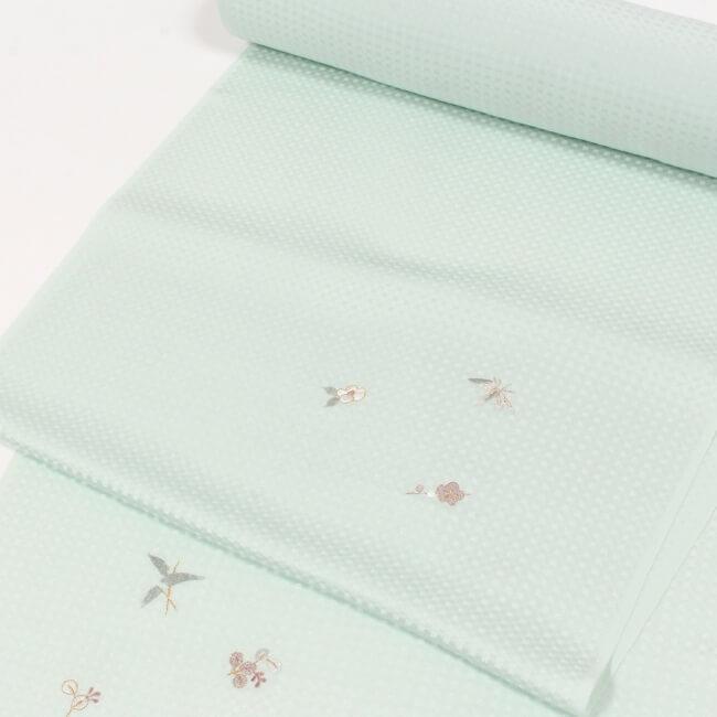 小紋 着尺 正絹 市松 地紋入 水色 花 刺繍入り 丹後ちりめん 日本製 
