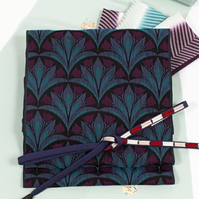 九寸名古屋帯 織紫苑 特選 全通風通織 花 チューリップ ブルー系  