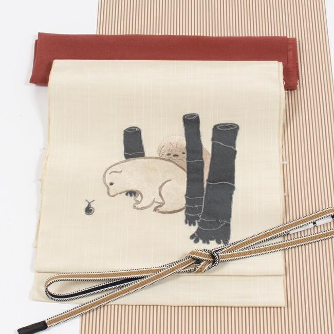 名古屋帯 正絹 結城紬 刺繍 神坂雪佳の狗児 いぬころ アタカス 名古屋帯 正絹 結城紬 刺繍 神坂雪佳の狗児 いぬころ アタカス