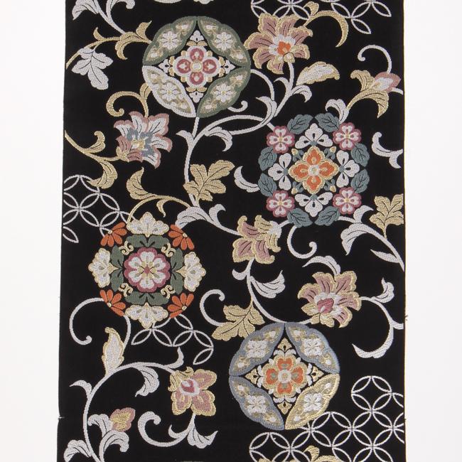 O0872 単衣 夏向き 美品 逸品 紗 セミフォーマル 唐草 正絹 袋帯 きもの 和 名古屋帯 正絹 志都香 九寸帯 唐草華文 黒 未仕立て