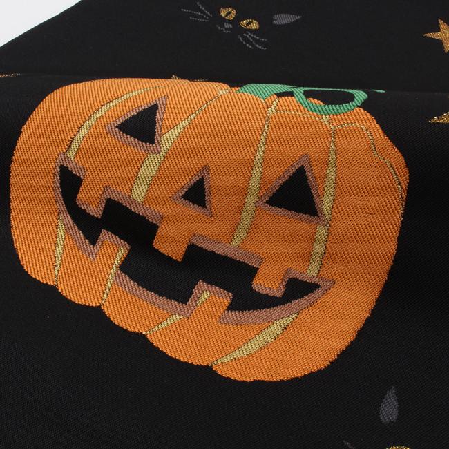 訳あり　名古屋帯　西陣織　ハロウィン　おばけ　魔女　お太鼓柄　お仕立て込み きもの 和 名古屋帯 正絹 黒地 西陣織 ハロウィン ジャックオー