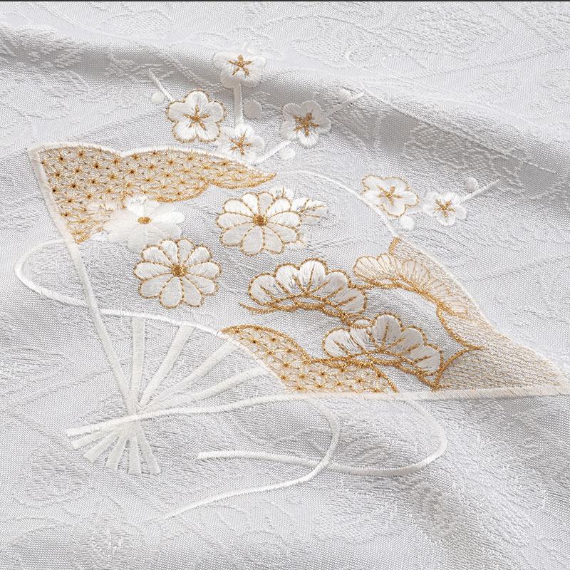 きもの 和 帯揚げ 正絹 白 留袖 唐織 刺繍入り 扇面松梅菊文 松川菱に 