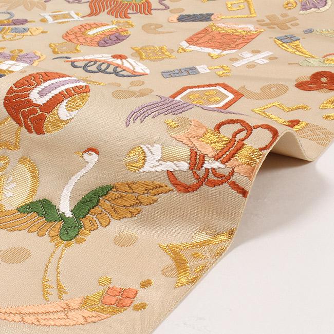 華 袋帯 宝尽し ゴールドベージュ 吉祥 高級