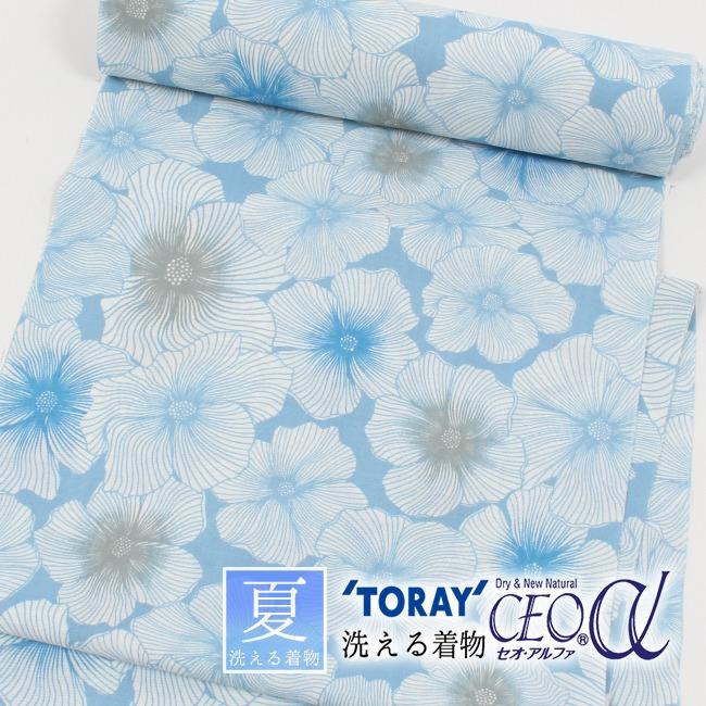 洗える着物 夏用 小紋 東レ セオα 反物 木槿 ムクゲ 水色 紅梅 natsu  