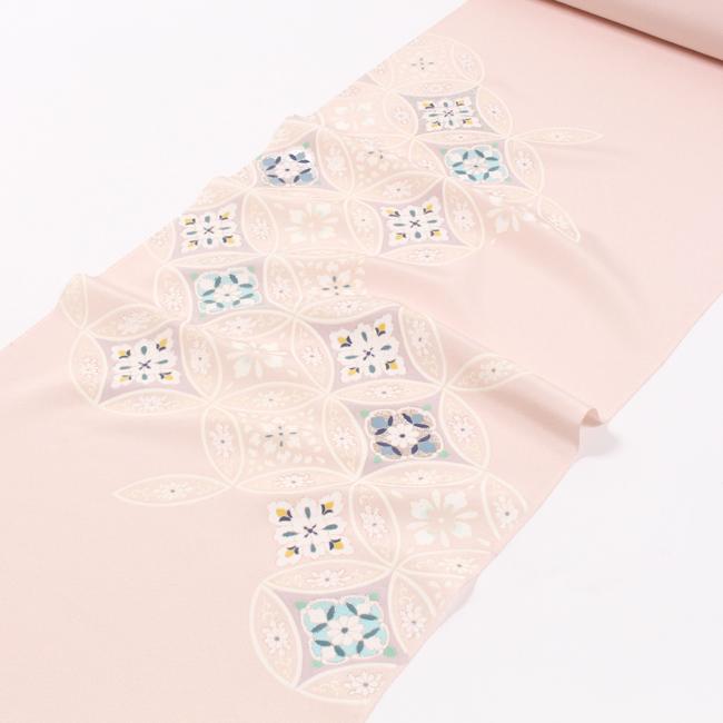 付け下げ 付下げ 着尺 京友禅 正絹 ピンク 薄桜 七宝更紗文 手加工