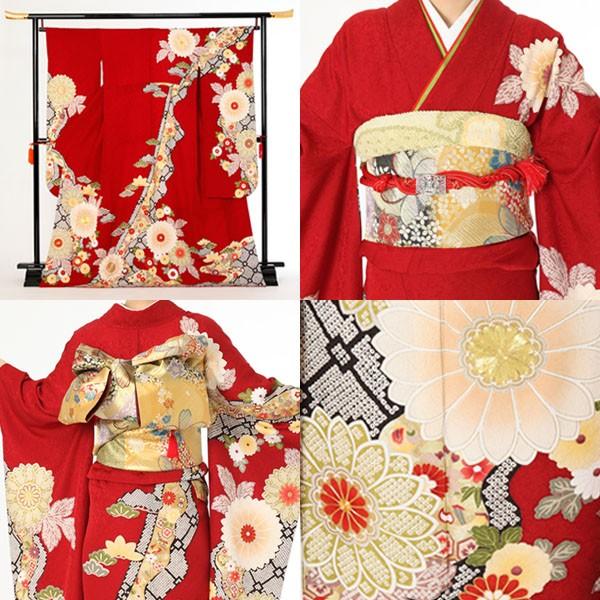 振袖レンタル19点フルセット【Mサイズ/赤地菊宝づくし】足袋プレゼント