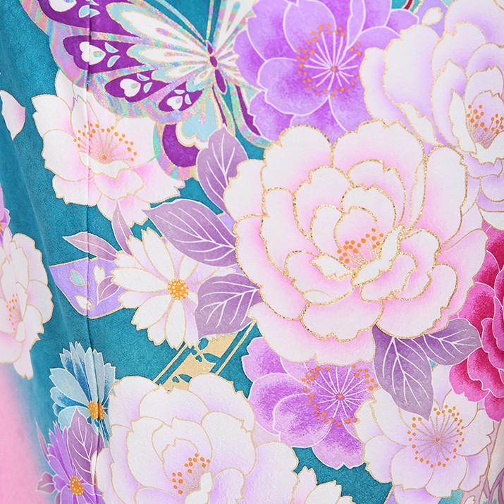 振袖フルセット　花柄 ピンク 緑　19点 振袖レンタル19点フルセット【Lサイズ/緑ピンク/花と蝶】足袋