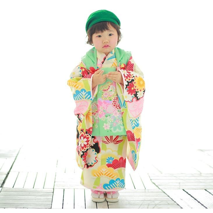 七五三レンタル8点フルセット 3歳【松竹雪輪/ミント被布】女の子 被布セット 着物セット 足袋プレゼント 753 格安 初詣 お宮参り ママ |  | 01