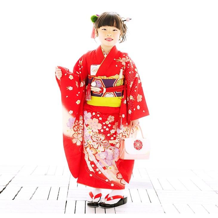 七五三レンタル14点フルセット 7歳【ピンク/赤/絞り桜】女の子 着物