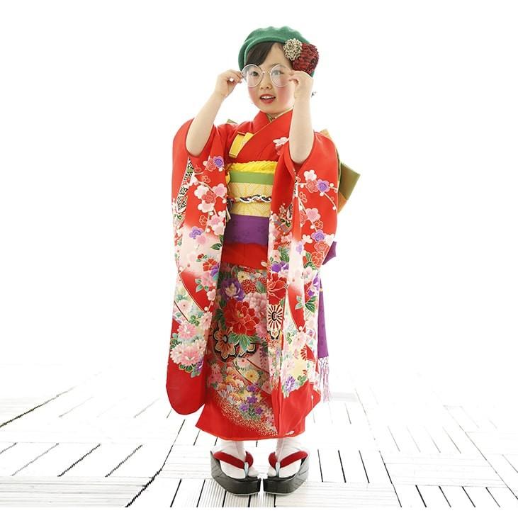 七五三 着物 足袋 フルセット 七五三レンタル14点フルセット 7歳【赤/花車】女の子 着物セット