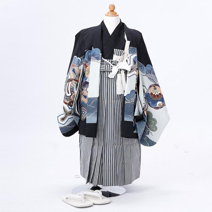 七五三レンタル12点フルセット 5歳【黒/松と小槌】男の子 羽織 袴 着物