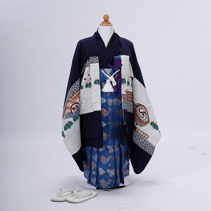 【数時間のみ着用】七五三用 着物 12点フルセット　男児５歳 七五三レンタル12点フルセット 5歳【紺/扇子と太鼓】男の子 羽織 袴