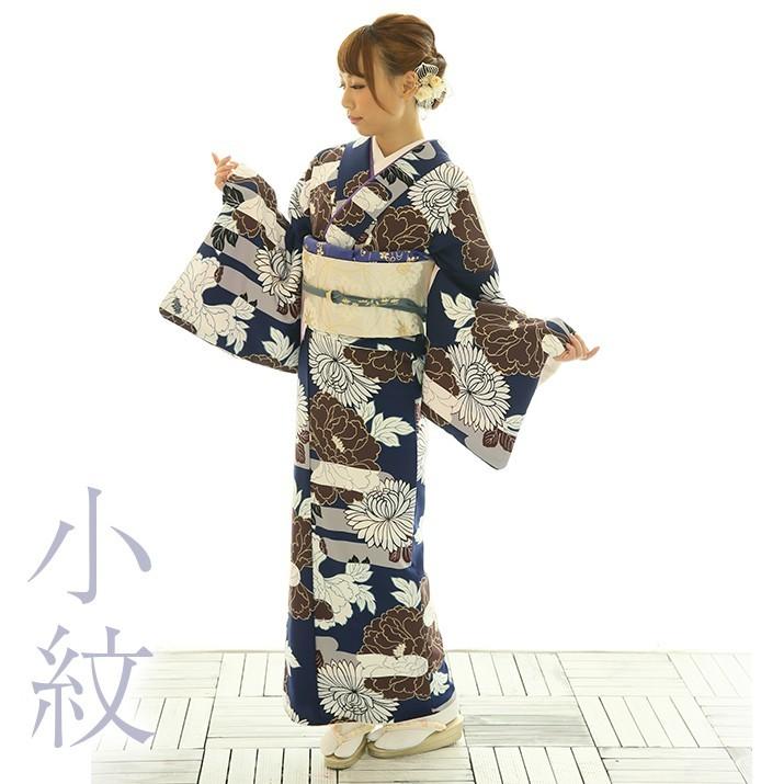 小紋レンタル18点フルセット【紺地格子柄/牡丹と菊】足袋プレゼント 