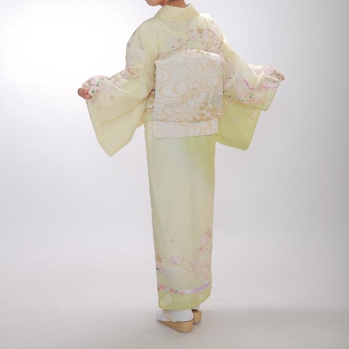 夏物】訪問着レンタル18点フルセット【絽/化繊/黄色 花のしめ】足袋