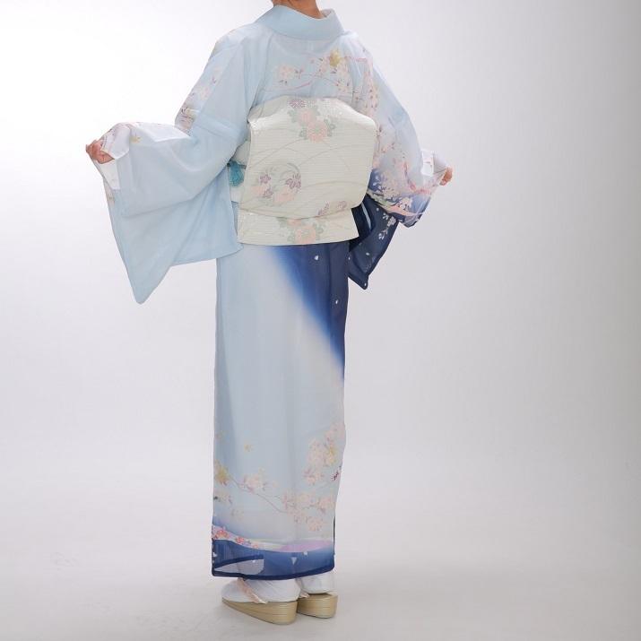 夏物】訪問着レンタル18点フルセット【絽/化繊/青水色 花のしめ】足袋 