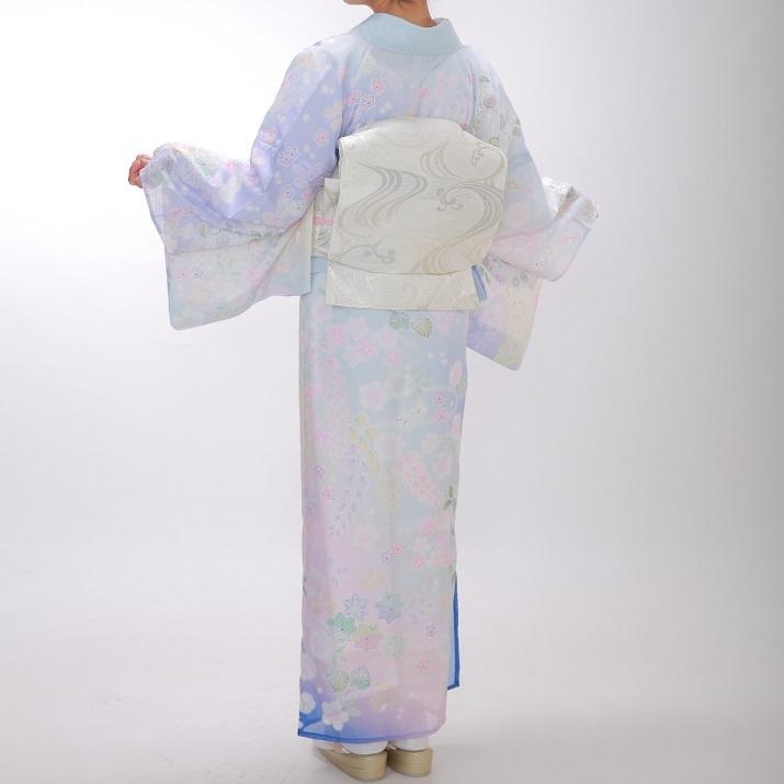 夏物】訪問着レンタル18点フルセット【絽/化繊/水色薄紫 藤】足袋
