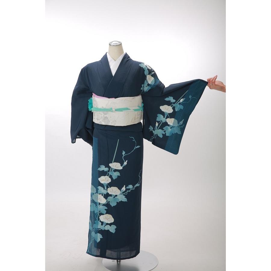 夏物】訪問着レンタル17点フルセット【絽/紺色 朝顔】足袋プレゼント