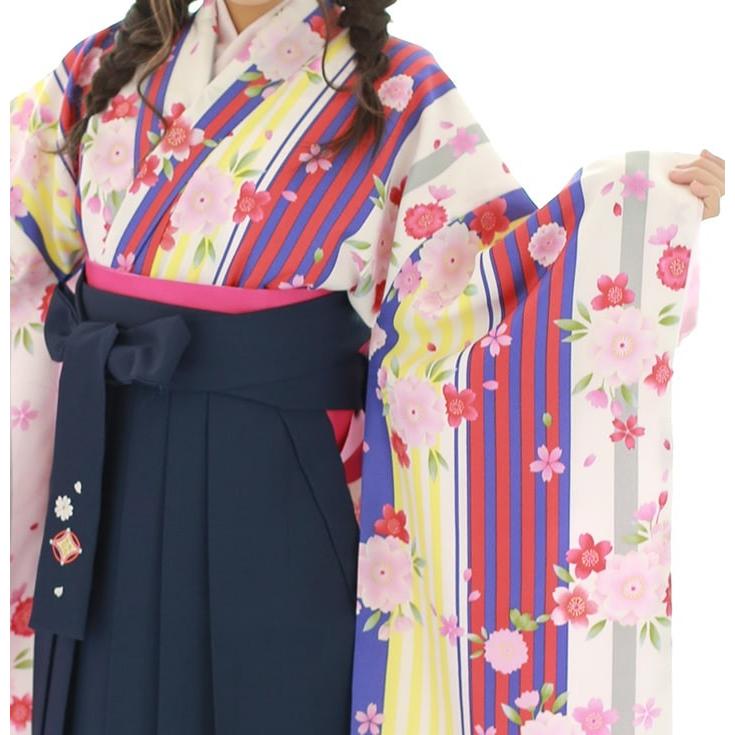 袴レンタル15点フルセット【SSサイズ/赤紫黄ストライプ桜柄(2尺袖