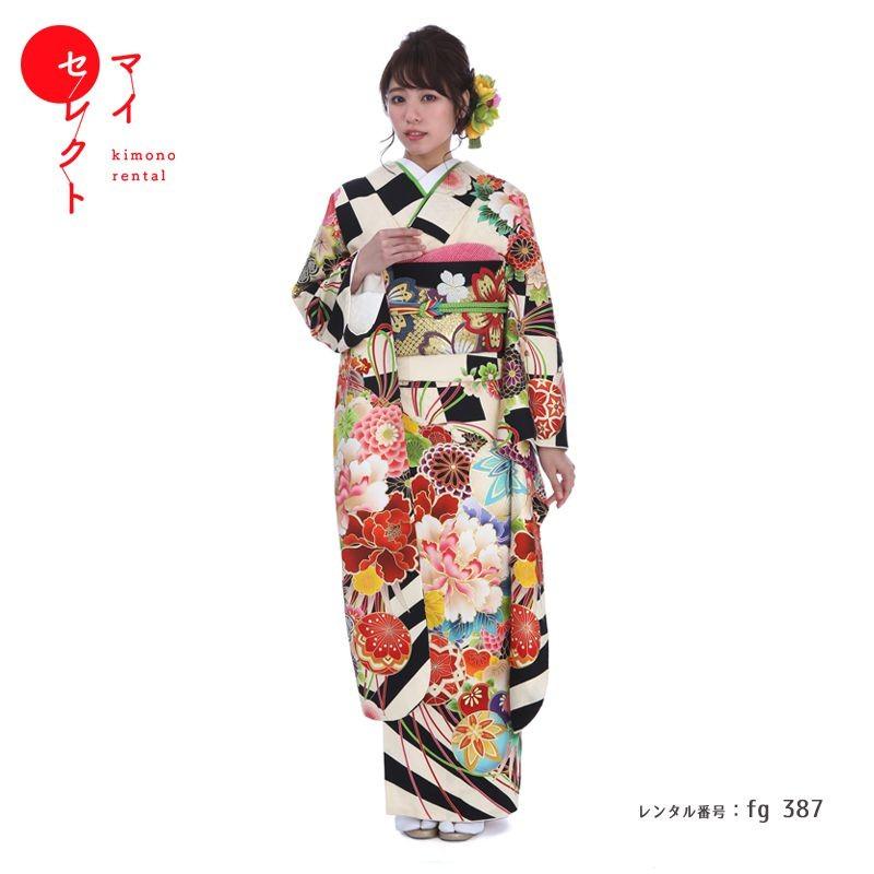 振袖レンタル 紅一点 正絹 シンプル fg-387b フルセット一式 着物 人気 