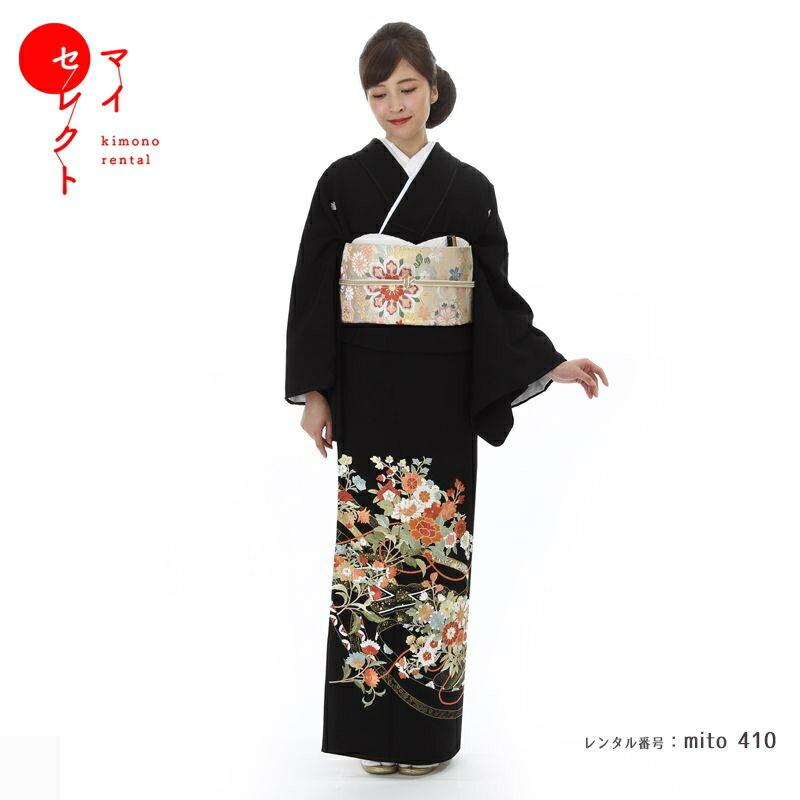 留袖レンタル 刺繍 小さいサイズ 普通サイズ 黒 mito-410 40代 50代 60
