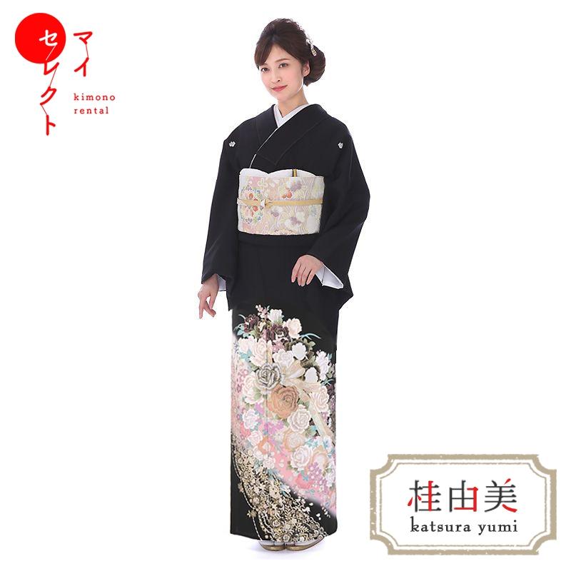 留袖レンタル 桂由美 バラ咲く庭 夏用 単衣 各サイズ有り 黒 mito-617 高級 正絹 人気 結婚式 | YUMI KATSURA