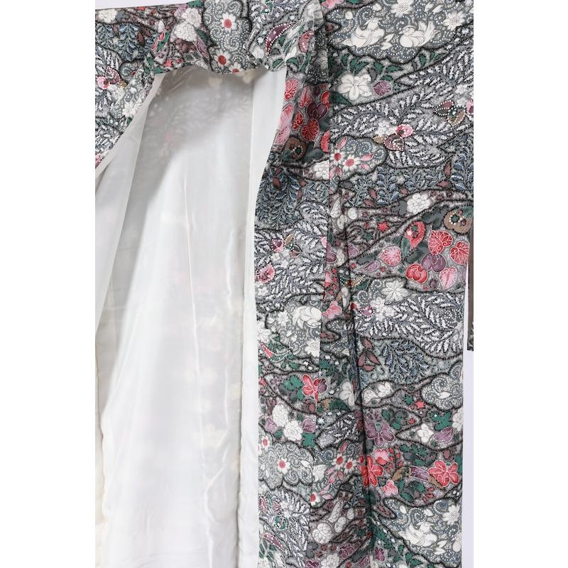 小紋 小花 鴛鴦 グレー 赤 黒 白 グリーン 紫A082 平和屋着物○江戸小紋