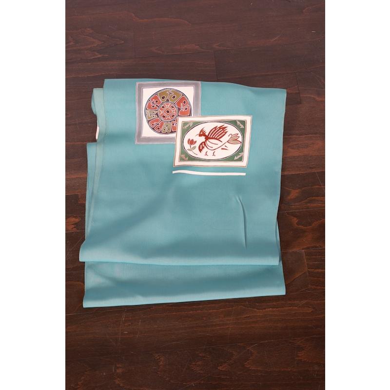 名古屋帯 新品未仕立て 塩瀬 ターコイズ グレー 緑 茶 紫 鳥 鏡 A404 