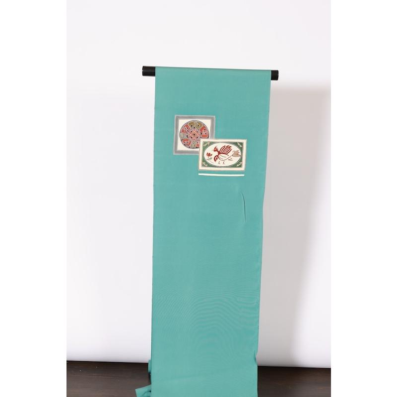 名古屋帯 新品未仕立て 塩瀬 ターコイズ グレー 緑 茶 紫 鳥 鏡 A404 