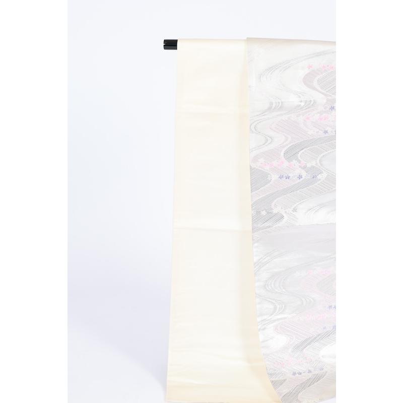 平和屋着物＊夏物 九寸名古屋帯 笹の葉取草花文 銀彩 未使用 BAAV7057yc