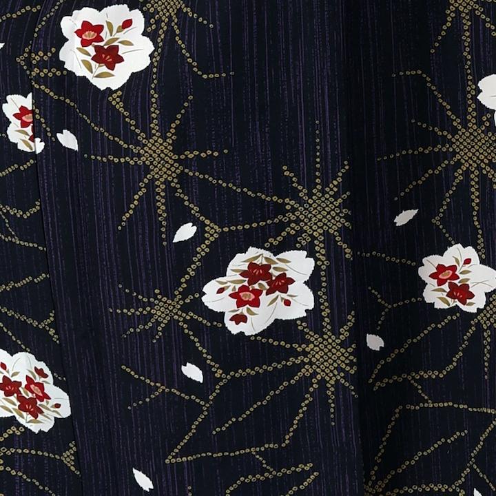 着物 小紋 黒 花びらチラシ 麻の葉 紫 縞 308 - 着物、浴衣