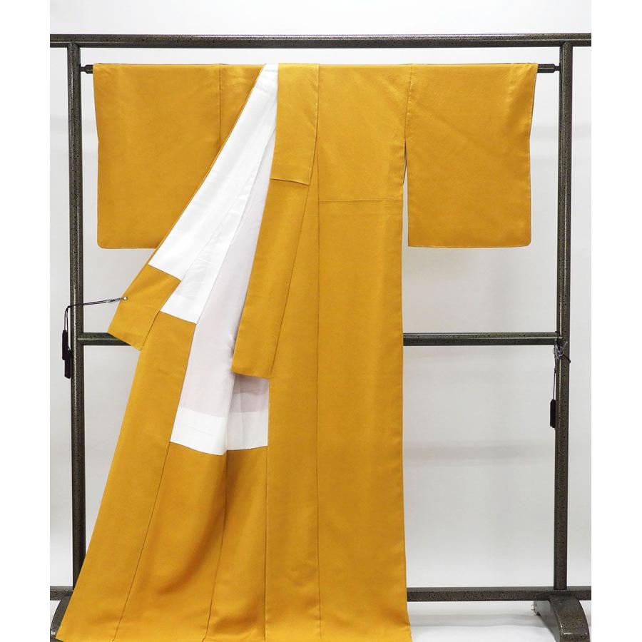 色無地 未使用 正絹 濃い山吹色 身丈171.5cm 裄丈70.5cm 丸に五