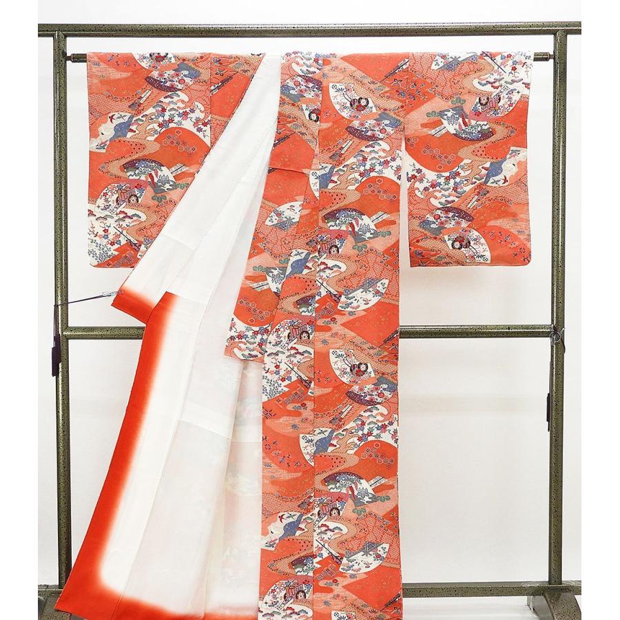 小紋 正絹 扇面四季花御所車模様 身丈168.5cm 裄丈67cm リサイクル