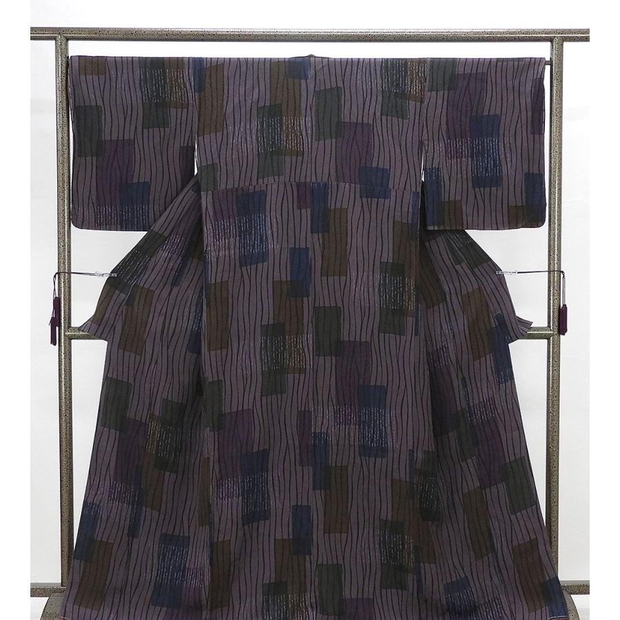 小紋 未着用美品 正絹 よろけ格子模様 身丈168.5cm 裄丈68.5cm 泥染 