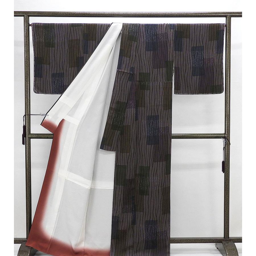 小紋 未着用美品 正絹 よろけ格子模様 身丈168.5cm 裄丈68.5cm 泥染