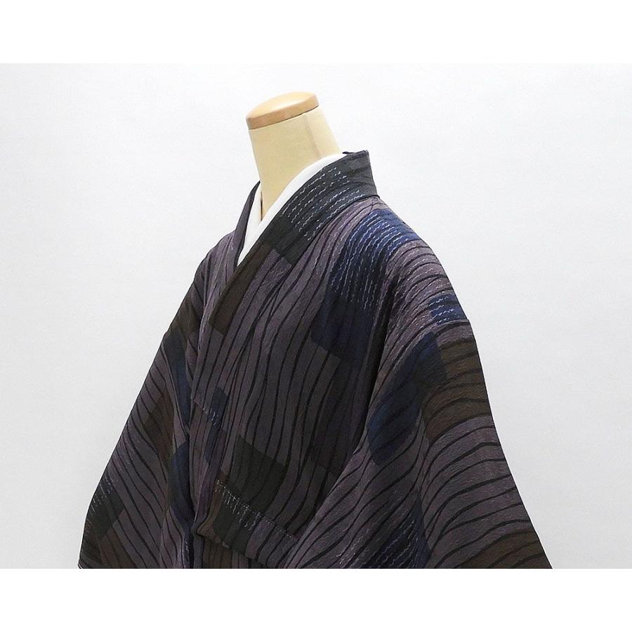 小紋 未着用美品 正絹 よろけ格子模様 身丈168.5cm 裄丈68.5cm 泥染