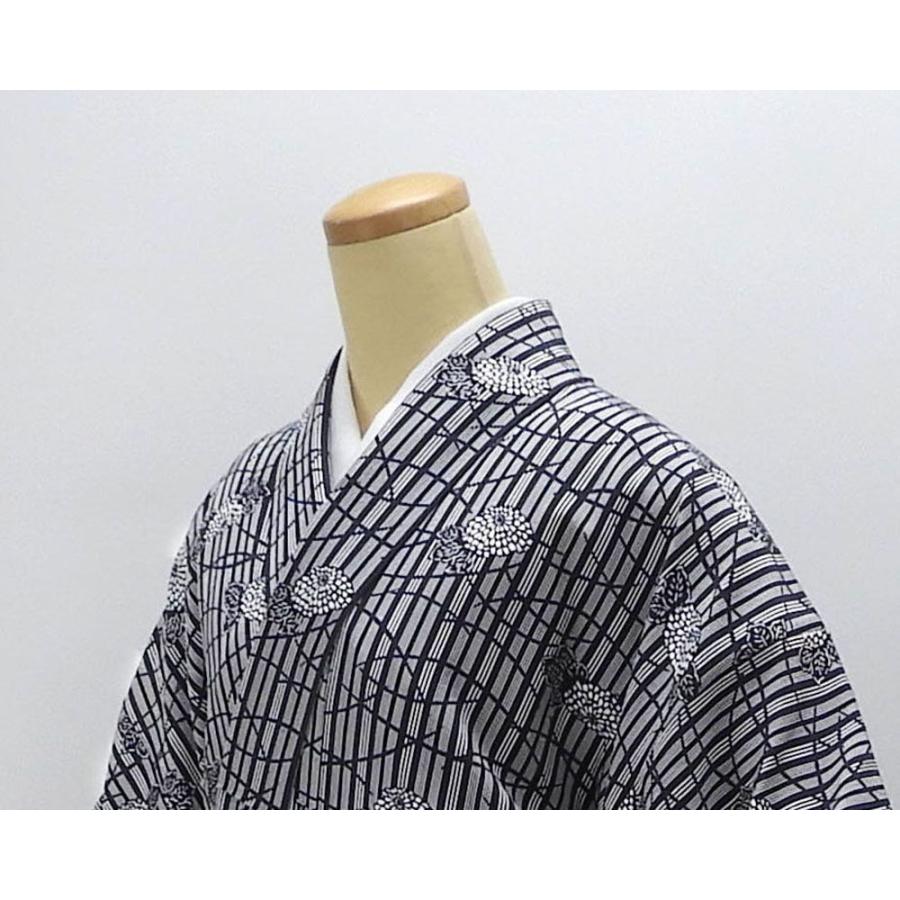 小紋 未使用 正絹 縦縞 露芝 菊花 身丈168cm 裄丈65cm 未着用 美品 