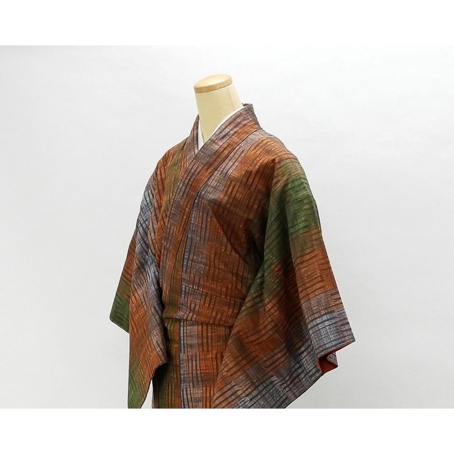 紬 未着用美品 正絹 手しぼり繧繝染 縦縞幾何模様 未使用 新古品 着物